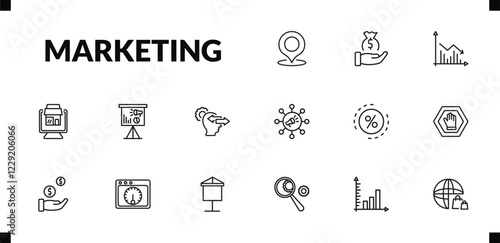 outline marketing icons set. editable linear get money, marketing graph, web package, and other 12 icons in this category isolated on transparent background.