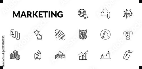 outline marketing icons set. editable linear download from cloud, sale, flyer, and other 12 icons in this category isolated on transparent background.