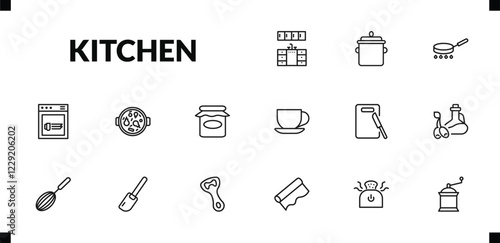 outline kitchen icons set. editable linear saucepan, frying pan, dishwasher, and other 12 icons in this category isolated on transparent background.