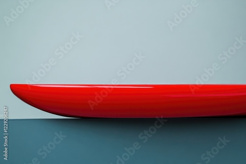 Red glossy boat shaped object on teal surface photo