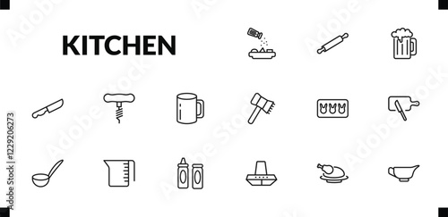 outline kitchen icons set. editable linear rolling pin, beer, steak knife, and other 12 icons in this category isolated on transparent background.
