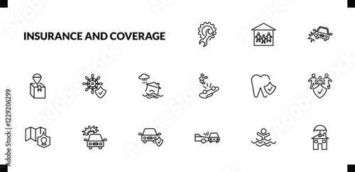 outline insurance and coverage icons set. editable linear family house, accident, delivery insurance, and other 12 icons in this category isolated on transparent background.