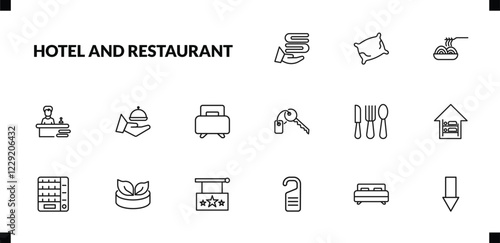 outline hotel and restaurant icons set. editable linear pillow, spaghetti, receptionist, and other 12 icons in this category isolated on transparent background.