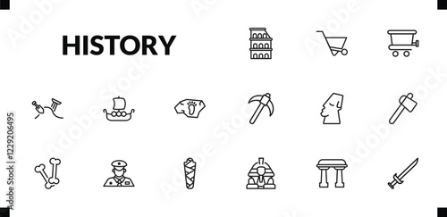 outline history icons set. editable linear wheelbarrow, cart, archaeological, and other 12 icons in this category isolated on transparent background.