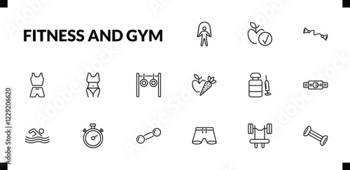 outline fitness and gym icons set. editable linear good diet, exercise bands, sport wear, and other 12 icons in this category isolated on transparent background.