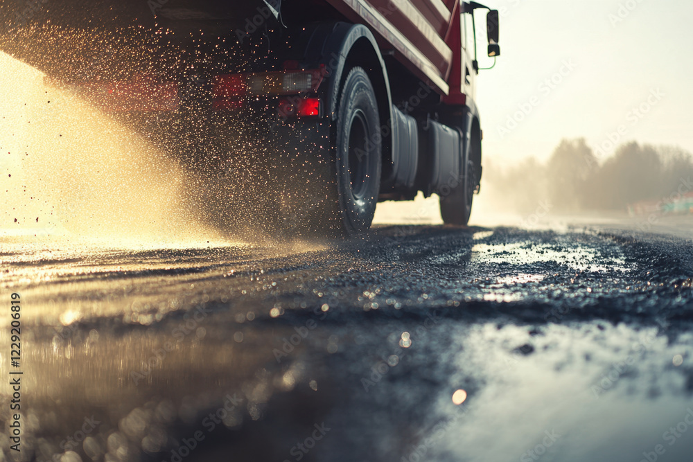 Fresh asphalt being poured from truck, creating misty effect on road. scene captures essence of construction and renewal, showcasing transformation of surfaces Fresh asphalt being poured from truck, creating misty effect on road. scene captures essence of construction and renewal, showcasing transformation of surfaces