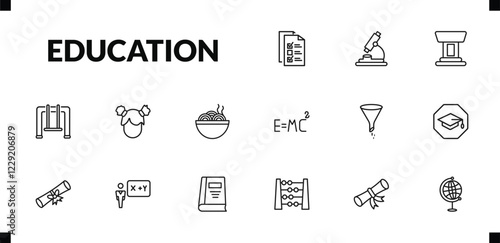outline education icons set. editable linear biology microscope, classroom tribune, swinging, and other 12 icons in this category isolated on transparent background.