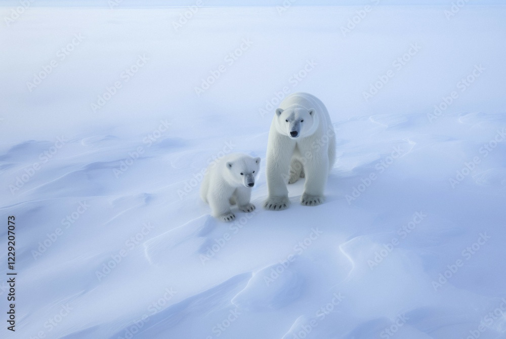 Aerial view, polar bear mother with cubs in snowy arctic winter landscape, ground fog, AI generated Aerial view, polar bear mother with cubs in snowy arctic winter landscape, ground fog, AI generated