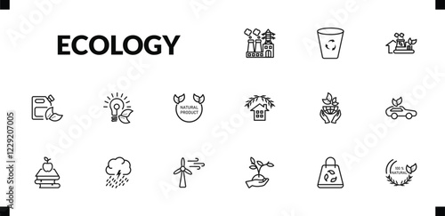 outline ecology icons set. editable linear recycle bin, eco industry, bio fuel, and other 12 icons in this category isolated on transparent background.