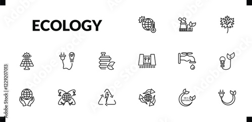 outline ecology icons set. editable linear sustainable factory, m leaf, solar energy, and other 12 icons in this category isolated on transparent background.