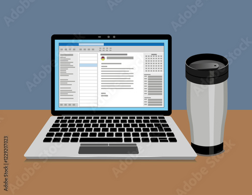 Laptop with an open email application and a insulated travel mug. Simplified flat style. Vector Illustration