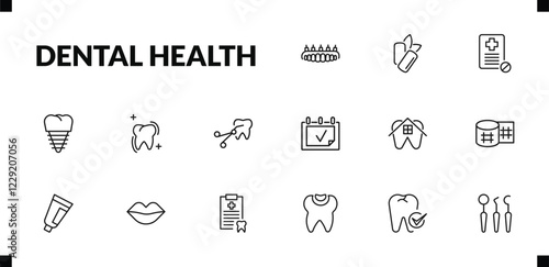 outline dental health icons set. editable linear mint gum, medical prescription, fake tooth, and other 12 icons in this category isolated on transparent background.
