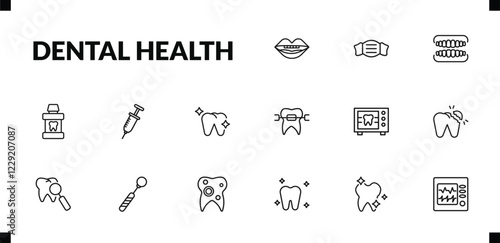 outline dental health icons set. editable linear dentist mask, dentures, mouth wash, and other 12 icons in this category isolated on transparent background.