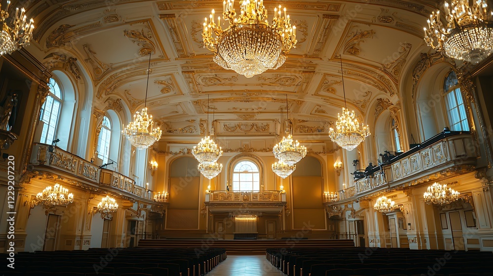 Obraz premium Grand Hall Interior With Gleaming Chandeliers And Ornate Details