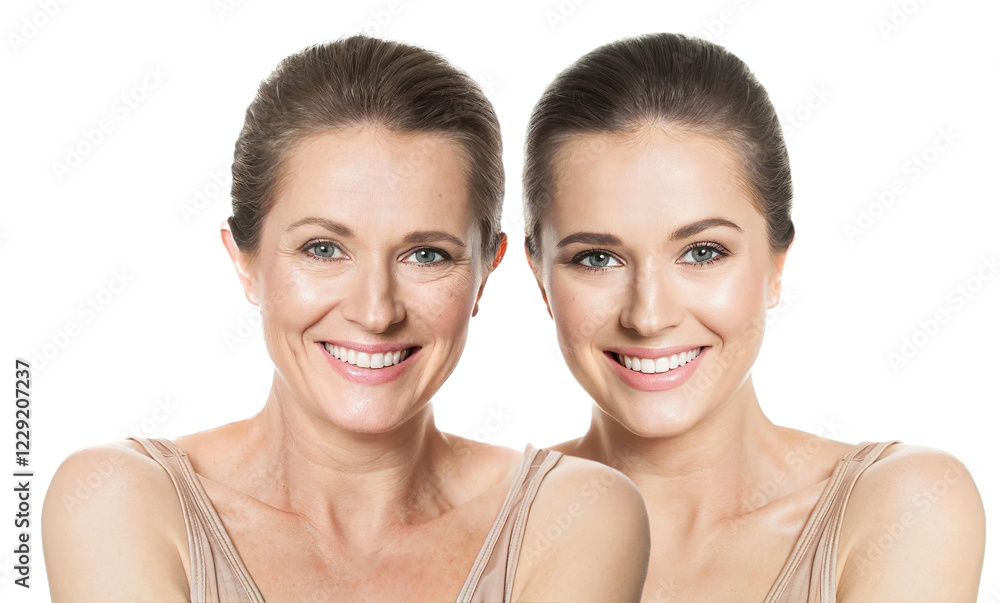Joyful woman before and after posing on white background. Two women portrait. Rejuvenation, cosmetic, medicine, anti aging and beauty concept