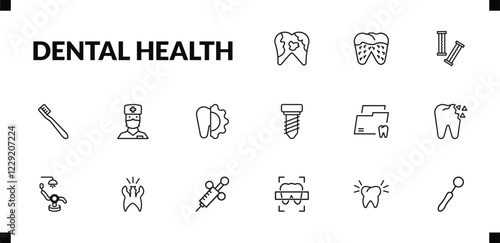outline dental health icons set. editable linear bacteria in mouth, chewing gum, toothbrushes, and other 12 icons in this category isolated on transparent background.