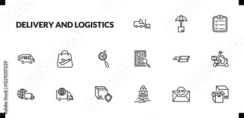 outline delivery and logistics icons set. editable linear logistic umbrella, clipboard, free delivery, and other 12 icons in this category isolated on transparent background.