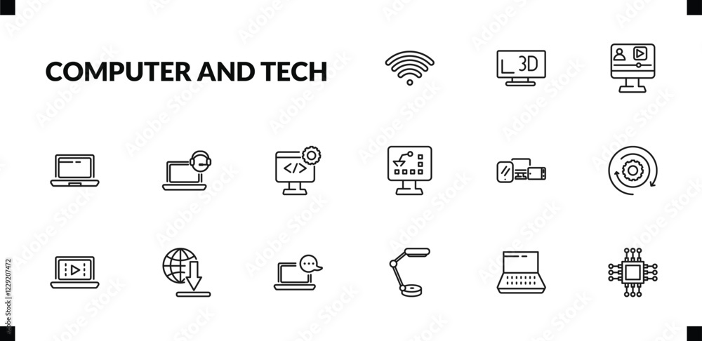 outline computer and tech icons set. editable linear 3d screen, video lecture, laptop computer screen, and other 12 icons in this category isolated on transparent background. outline computer and tech icons set. editable linear 3d screen, video lecture, laptop computer screen, and other 12 icons in this category isolated on transparent background.
