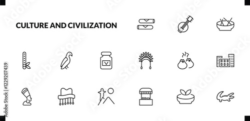 outline culture and civilization icons set. editable linear kora, beef and garlic, native american flute, and other 12 icons in this category isolated on transparent background.