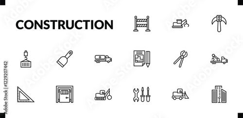 outline construction icons set. editable linear derrick with tong, inclined picker, derrick with load, and other 12 icons in this category isolated on transparent background.