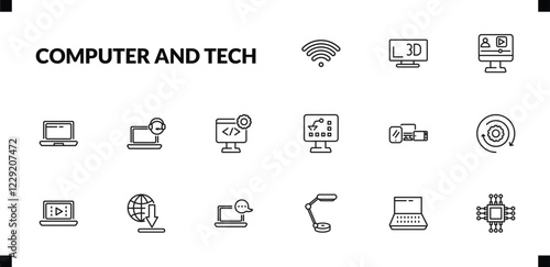 outline computer and tech icons set. editable linear 3d screen, video lecture, laptop computer screen, and other 12 icons in this category isolated on transparent background.
