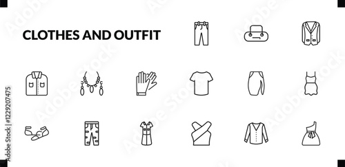 outline clothes and outfit icons set. editable linear barrel handbag, oxford wave blazer, formal shirt, and other 12 icons in this category isolated on transparent background.