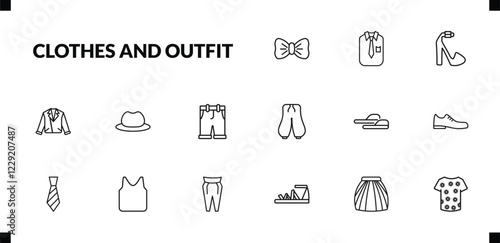 outline clothes and outfit icons set. editable linear collarless cotton shirt, platform sandals, leather biker jacket, and other 12 icons in this category isolated on transparent background.