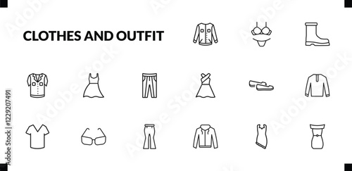 outline clothes and outfit icons set. editable linear lingerine, wool boots, denim shirt, and other 12 icons in this category isolated on transparent background.