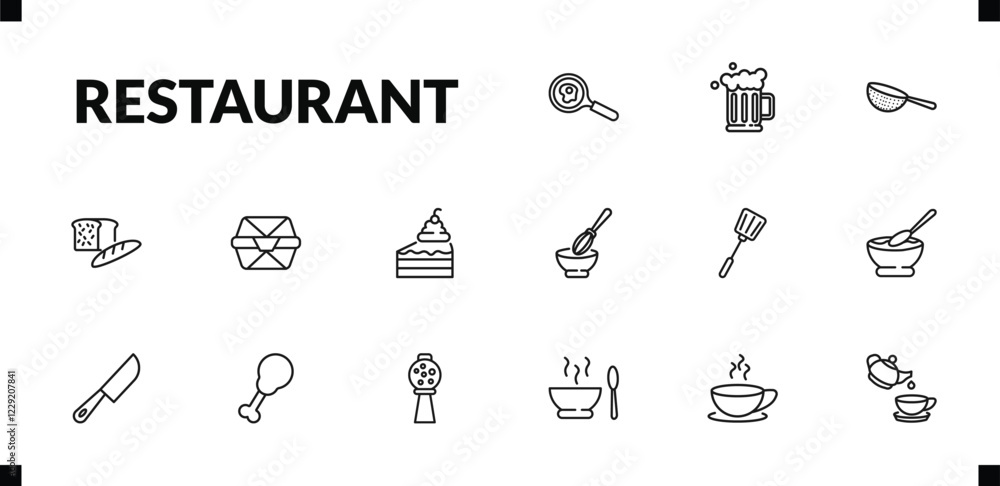 Naklejka premium outline restaurant icons set. editable linear foamy beer jar, strainer with handle, load of bread, and other 12 icons in this category isolated on transparent background.