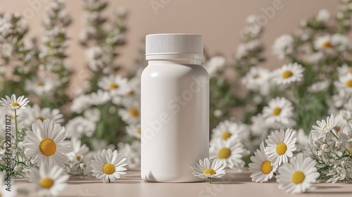 Simple white supplement bottle mockup with a daisy-filled background, perfect for presenting logo designs and packaging concepts in a clean style. photo