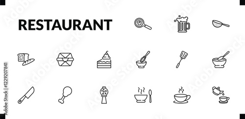 outline restaurant icons set. editable linear foamy beer jar, strainer with handle, load of bread, and other 12 icons in this category isolated on transparent background.