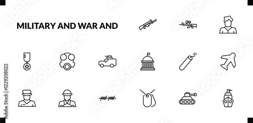 outline military and war and icons set. editable linear air force, civilian, in, and other 12 icons in this category isolated on transparent background.