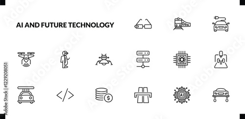 outline ai and future technology icons set. editable linear train, solar energy car, unmanned aerial vehicle, and other 12 icons in this category isolated on transparent background.