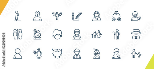 outline people and relation icons set. editable linear unknown, grace, pencil and notebook, and other 18 icons in this category isolated on transparent background.