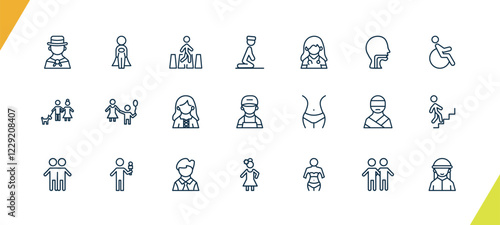 outline people and relation icons set. editable linear cape, road crossing, julus, and other 18 icons in this category isolated on transparent background.