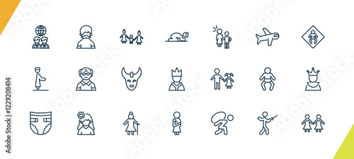 outline people and relation icons set. editable linear hairy, lesbian couple and son, sujud, and other 18 icons in this category isolated on transparent background.