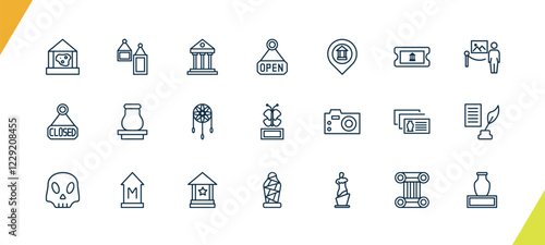 outline museum and exhibition icons set. editable linear acrylic, museum building, open, and other 18 icons in this category isolated on transparent background.