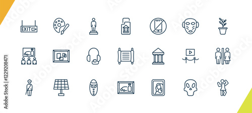 outline museum and exhibition icons set. editable linear palette, statue, archivist, and other 18 icons in this category isolated on transparent background.