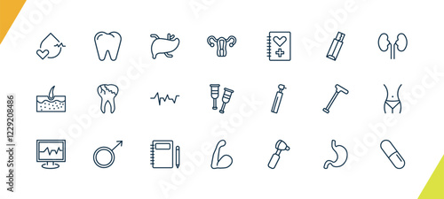 outline medical icons set. editable linear premolar, liver, uterus, and other 18 icons in this category isolated on transparent background.