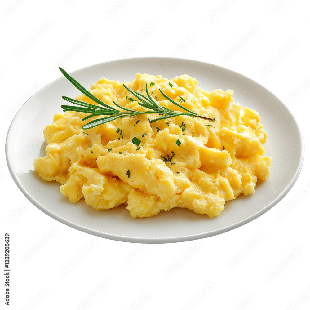 A serving of fluffy scrambled eggs is presented on a white plate and garnished with a sprig of rosemary. A serving of fluffy scrambled eggs is presented on a white plate and garnished with a sprig of rosemary.