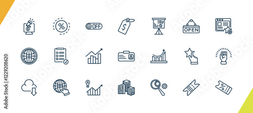 outline marketing icons set. editable linear ratio, off, price, and other 18 icons in this category isolated on transparent background.