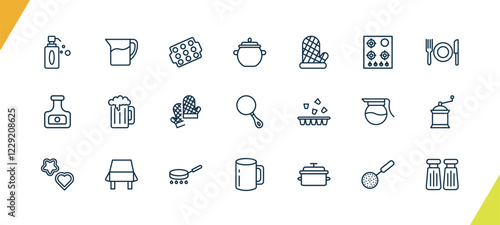 outline kitchen icons set. editable linear pitcher, muffin pan, pot, and other 18 icons in this category isolated on transparent background.