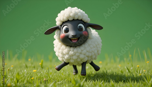 Cute 3d Cartoon Sheep in Green Field