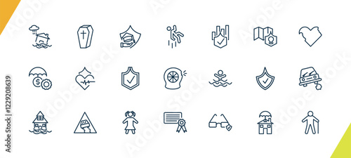 outline insurance and coverage icons set. editable linear coffin, education insurance, falling, and other 18 icons in this category isolated on transparent background.