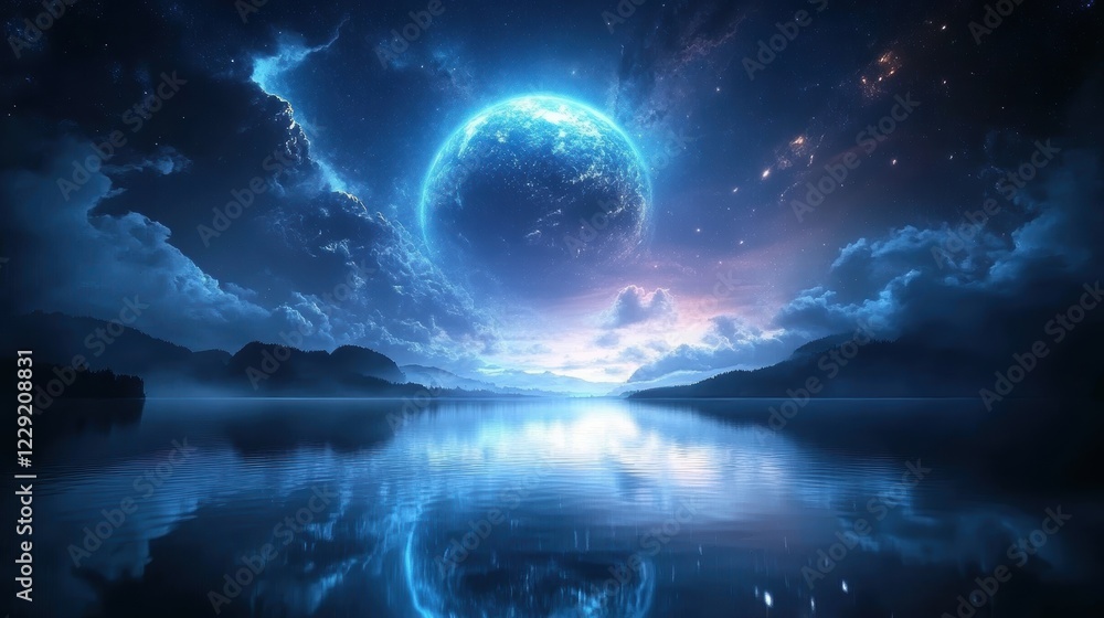 Fototapeta premium Celestial Reflection: A mesmerizing digital artwork depicting a vibrant blue planet rising above a tranquil lake, its ethereal glow reflected in the still water.