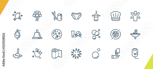 outline hygiene and sanitation icons set. editable linear hand dryer, toothpick, underwear, and other 18 icons in this category isolated on transparent background.