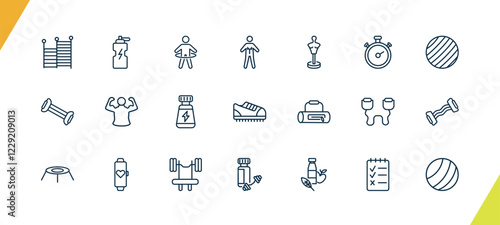 outline fitness and gym icons set. editable linear fitness drink, stick man hoop, anatomy, and other 18 icons in this category isolated on transparent background.