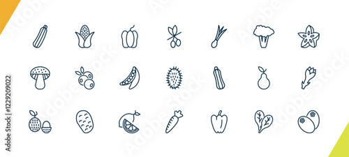 outline vegetables and fruits icons set. editable linear corn, bell pepper, olive, and other 18 icons in this category isolated on transparent background.