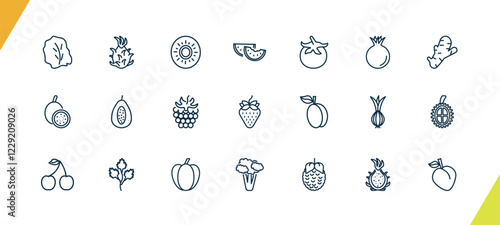 outline vegetables and fruits icons set. editable linear pitaya, kiwi, watermelon, and other 18 icons in this category isolated on transparent background.