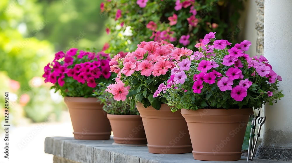 Obraz premium Colorful petunias in pots on terrace, closeup